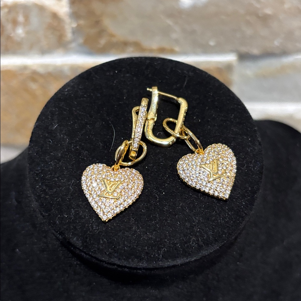 Gold LV Heart Earrings with Crystal Accents - Picture 2 of 6